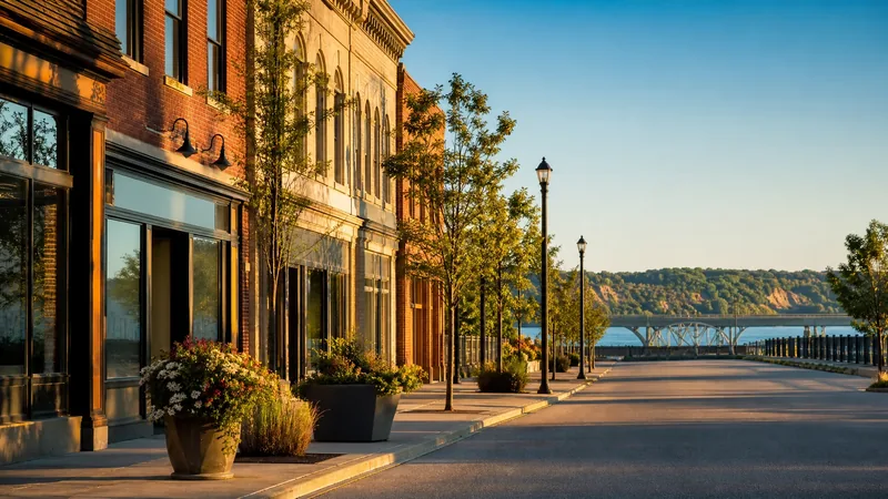 Lakeshore-region downtown street of brick storefronts and young trees with a river bridge in the distance, Grand Rapids Business License