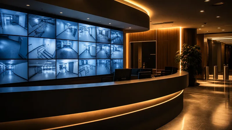 Security desk with a wall of camera monitors, How to Start a Security Guard Company in Michigan