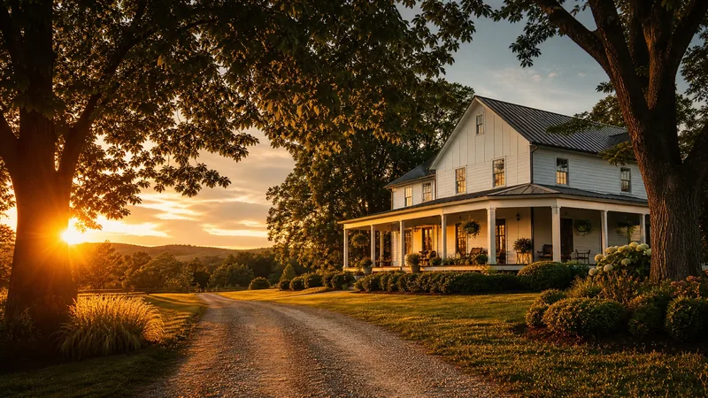 White farmhouse with a wide porch among trees at golden hour, Michigan Short-Term Rental Laws
