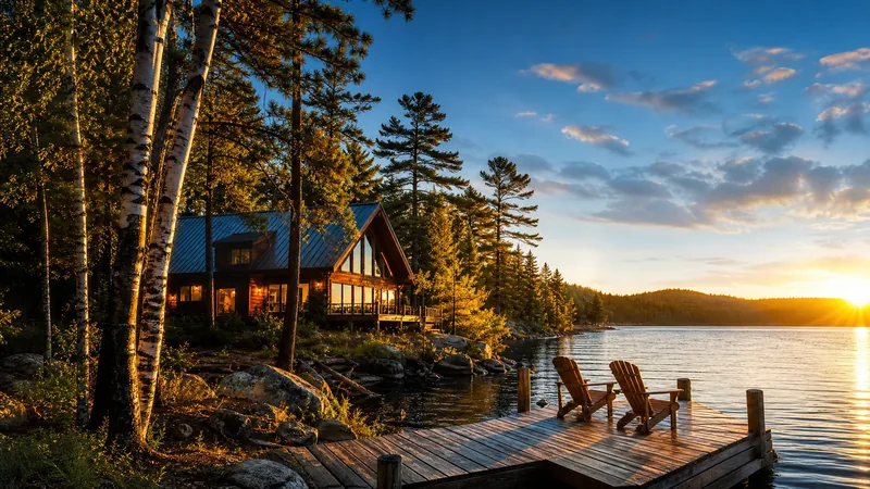 Lakeside cabin with a dock and Adirondack chairs among birch and pine, Traverse City Short-Term Rental Permit