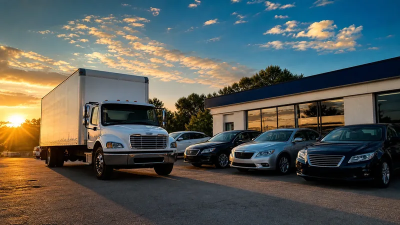 Box truck and cars outside a small auto lot, How to Start a Used Car Dealership in Michigan